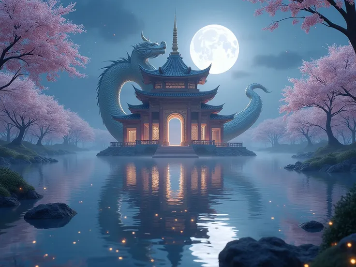 A huge pavilion in the middle of a mystical lake in a mystical realm, cherry trees, cherry blossoms in the air, a dragon guarding the pavilion, night, fireflies