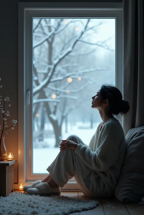 woman sitting at the window in slippers watching the snow fall