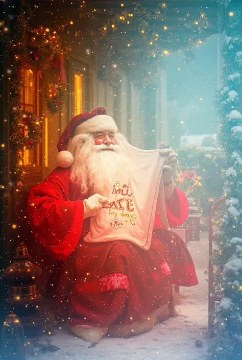 Christmas image.  Santa Claus at a Christmas house painting a t-shirt.  to put : Publitex wishes you Merry Christmas  