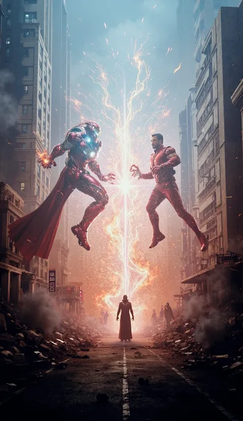 Create cinematic Iron Man and Doctor Strange superhero prompts in a cinematically realistic destruction downtown setting