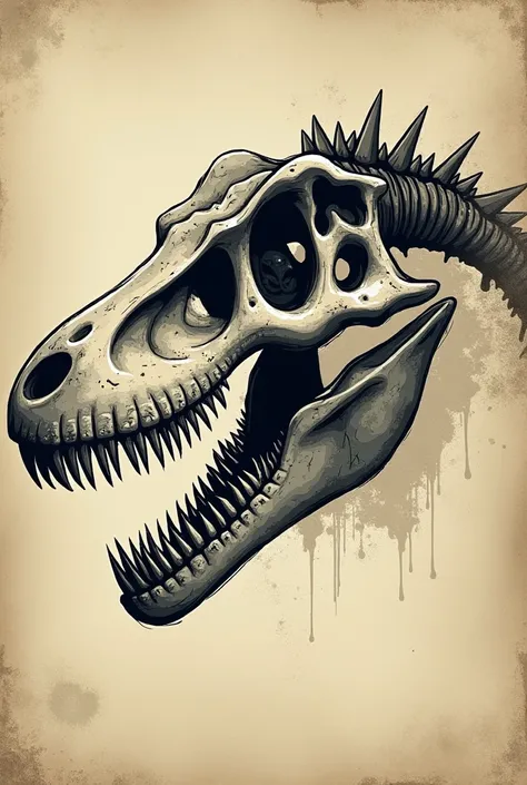 dinosaur skull head design, 2 dimensional, sketch, threshold effect, grunge effect, thin lines.