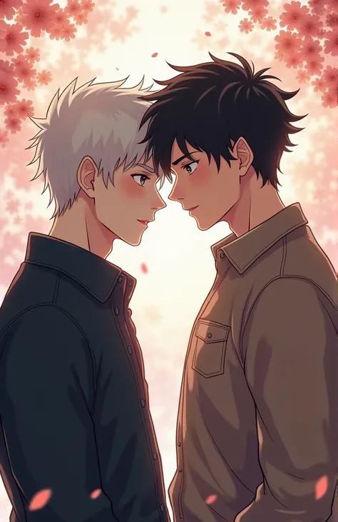  create an image for the cover of an adult anime-style book,  based on the couple in the photo , What are two men . One of them (the highest)  has dark hair with a white section on the left,  is a birth lock .