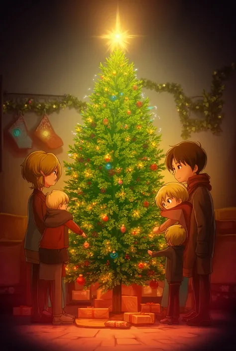 anime christmas tree with 2 boys and mom and dad