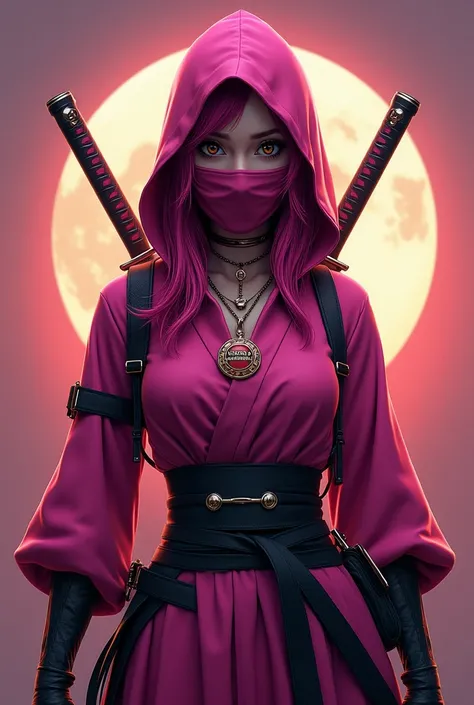  Create a highly realistic image of a female ninja wearing a traditional all-fuchsia costume with black details,  The suit must cover her completely from the neck up to the feet ,  and hooded without showing any part of her skin , except the face . Her hai...