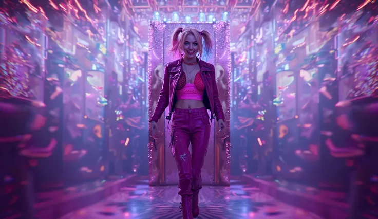 In a cinematic, hyper-realistic scene, Harley Quinn, from the DC universe and Birds of Prey, is caught in the midst of an energetic dance in the funhouse. The camera is positioned low to the ground, capturing the movement of her high-heeled boots as they s...