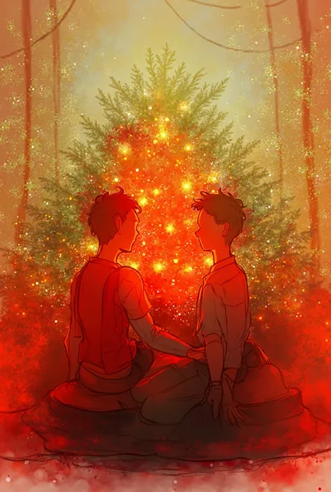 Un couple amoureux deux hommes qui s’embrassent sur un canapé devant un sapin de Noël en dessin cartoon, One of the two is quite tall , END,  red with slightly curly hair , l’autre plus petit, très mince,  the hair is black and not too short but not long e...