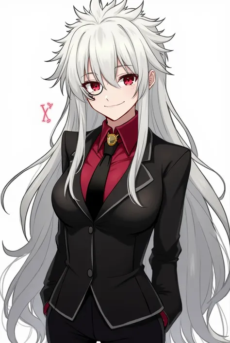 Helltaker art style, long white hair, spiky bangs, long dishevelled hair, left monocle, red eyes, gold trinket on the chest, neck tie, smug smile, black blazer, black pants, red blouse, office outfit, seductive post, androgynous, tall girl, one girl