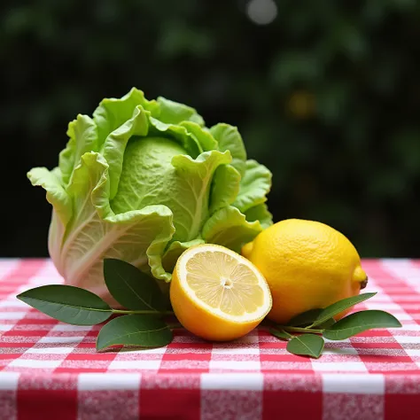 On a table with a red and white checkered tablecloth: on the left a head of lettuce, on the right two lemons, a lemon cut in half, and laurel leaves