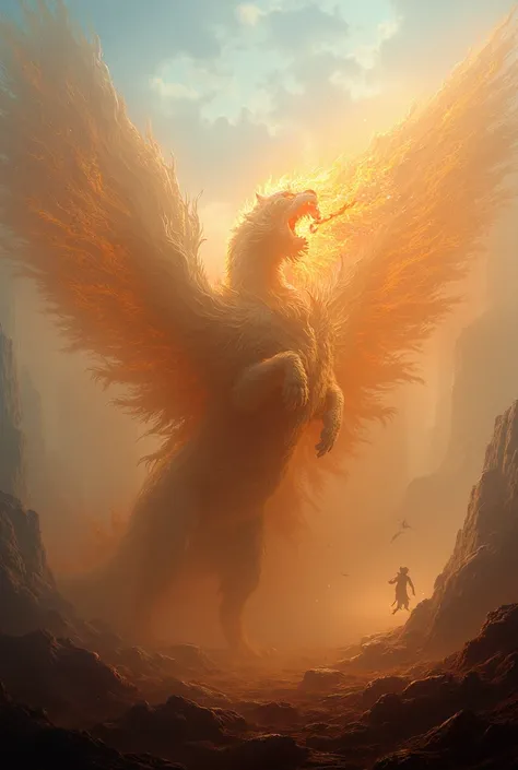 I need a photo of a warrior cat with angel wings ,  fighting a fire-spewing dragon.