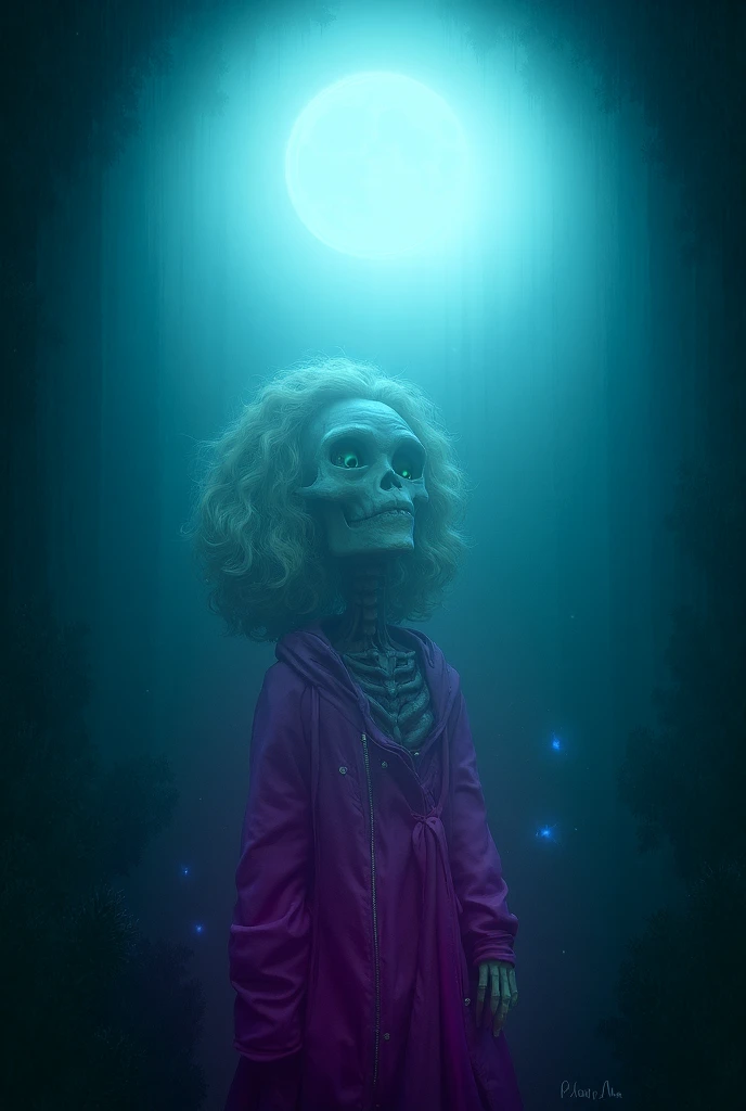 Skelton with blonde and curly hair into pink jacket with green eyes look ar the full moon into forest 