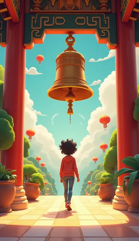 A playful scene of a hand ringing a large brass temple bell, with the sound waves visually depicted, as the person walks away casually.
Generate in cinematic 3d cartoon style