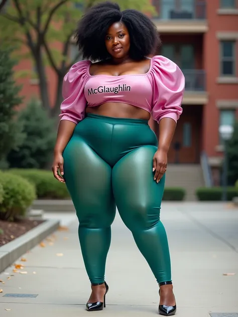 MASSIVE BUTTOCKS, translucent (teal plastic) leggings, UHD, library sidewalk, Shes a dark skin melanin Queen with tiny thin waist, side body, translucent (pink silk) blouse says "McGlaughlin" puffy sleeves, best quality, High resolution image, muscular abs...