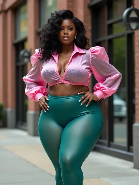 MASSIVE BUTTOCKS, translucent (teal plastic) leggings, UHD, library sidewalk, Shes a dark skin melanin Queen with tiny thin waist, side body, translucent (pink silk) blouse says "McGlaughlin" puffy sleeves, best quality, High resolution image, muscular abs...