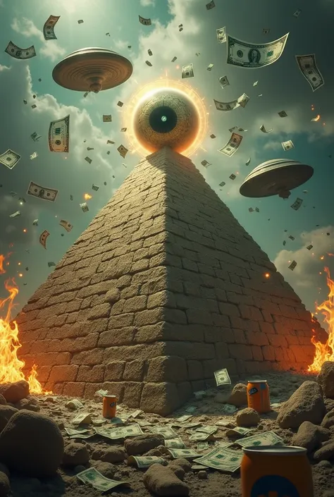  A pyramid with an eye in the center inside the pupil reflecting a reptilian,  dollars burning as they fall from the sky, A gun , can,  two UFOs flying  , , pain, a bit coin ,