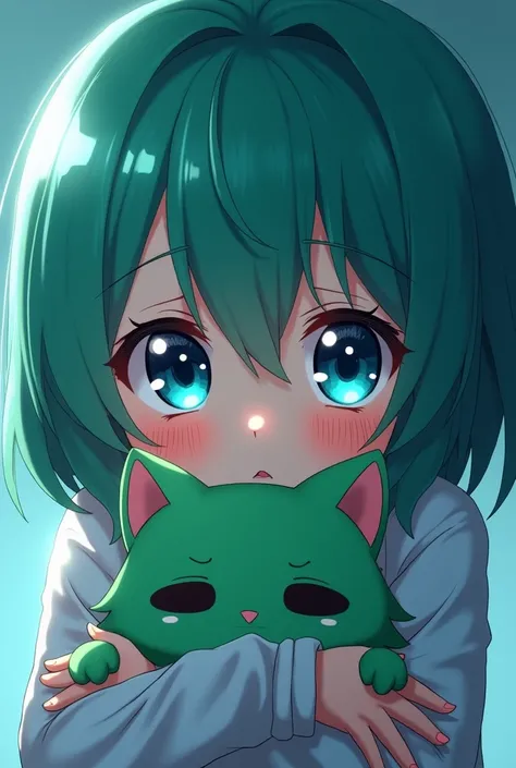 anime girl with green hair and blue eyes holding a green cat, sad cerulean eyes, with huge luminous sad eyes, mikudayo, aquamarine eyes, large cute anime eyes, pretty anime face, cute anime face, anime eyes, huge anime eyes, beautiful anime face, blue shin...