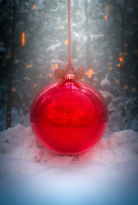 Red Christmas ball with the name  " Matías Esteban” in a snowy forest with lights and a big ribbon, Photo, 3D render