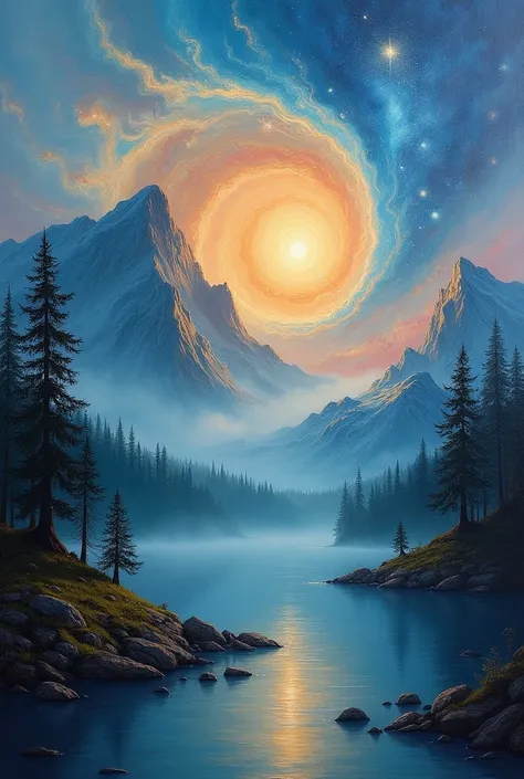  magic of swirling nature {x} oil painting epic surreal oil painting 8k {x} painting of a mountain landscape with a spiral pattern in the sky, Swirling scene,  magic of swirling nature , Swirling scene in forest,  swirls of magic ,  breathtaking masterpiec...