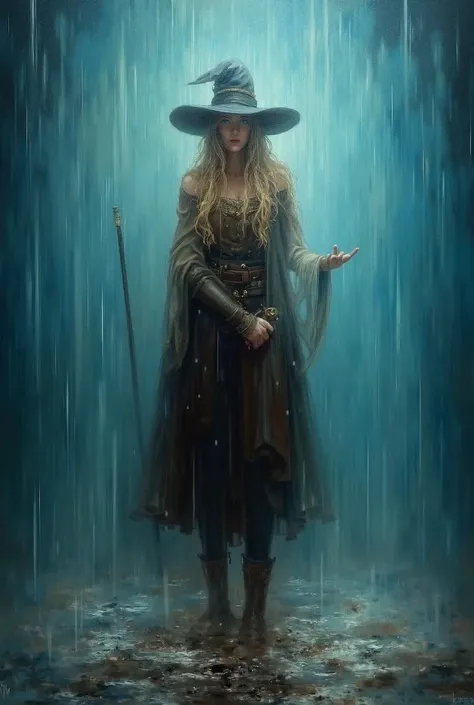 Help create an oil painting behind the corner of a female magician holding a magic wand, standing on a magic wand, wearing an adventurers outfit, casting spells that cause drops of water from the ground, and raindrops falling from the sky.