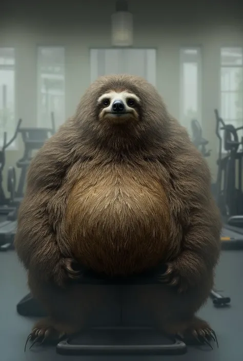 
A highly realistic depiction of an obese sloth in a modern gym setting. The sloth has a round, heavy body with thick limbs and detailed fur, showing a mix of brown and gray tones. It is sitting on a workout bench, holding a dumbbell in one claw with a tir...