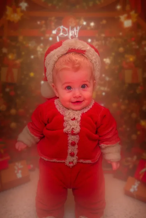 Aqui está o prompt atualizado com a roupa do Papai Noel:

Prompt Atualizado:
"A cute baby wearing a colorful and detailed Santa Claus outfit, standing up and looking directly at the camera. The baby has an adorable smile, a curious expression, rosy cheeks,...