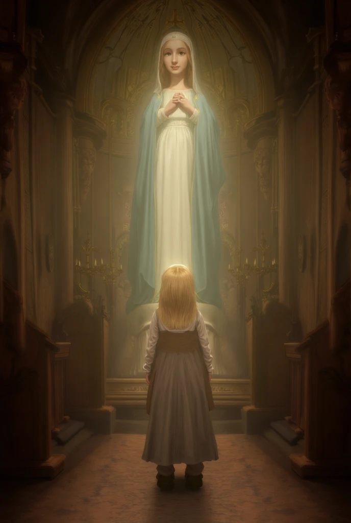 Picture of a girl inside a church standing in front of a statue of the Virgin Mary. A clear and very accurate picture of her surroundings real photo 