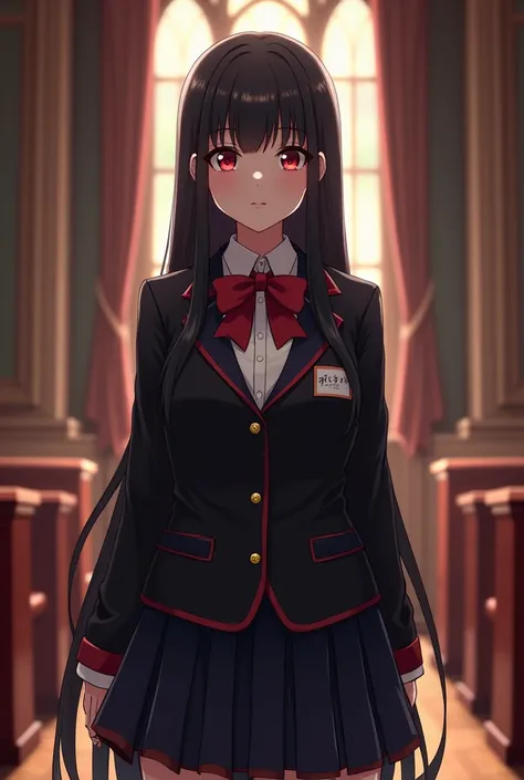 black long straight，Princess cut ， Dark Red Eyes ，President of the Student Union with high character， High School Waistcoat Uniform， Red Tie（bow tie）， Elegant Country House，Location at school 