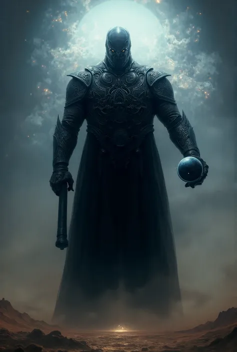 Create a image of a universal being with black armor,black helmet,a cosmic sphere in hand,a huge axe in the free hand,and with a expressionless face. Huge and immensely powerful. The Architect. 