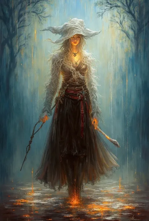 Help create an oil painting behind the corner of a female magician holding a magic wand, standing on a magic wand, wearing an adventurers outfit, casting spells that cause drops of water from the ground, and raindrops of fire falling from the sky.