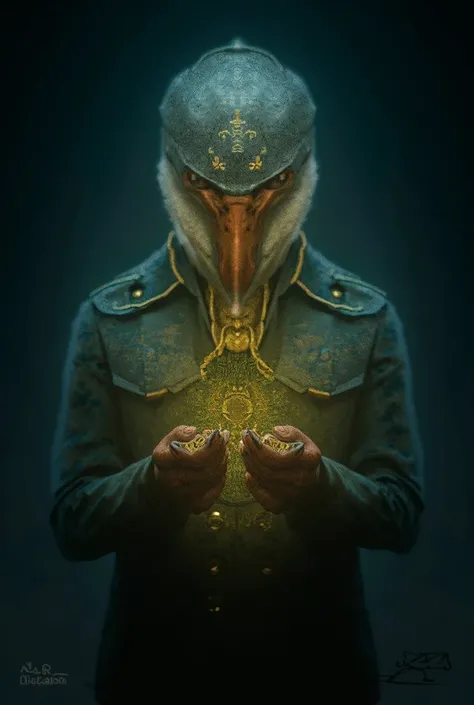 A duck in military uniform looks at the amulet.