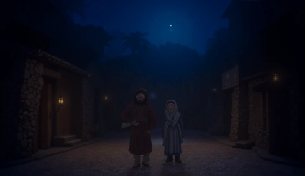   A nighttime scene in Belém  ,  showing Joseph and Mary walking down a narrow street illuminated by flashlights. maria, visibly tired,   holds her belly  , while Joseph ,   with a worried expression  , support .  They are dressed in simple clothes ,  Jose...