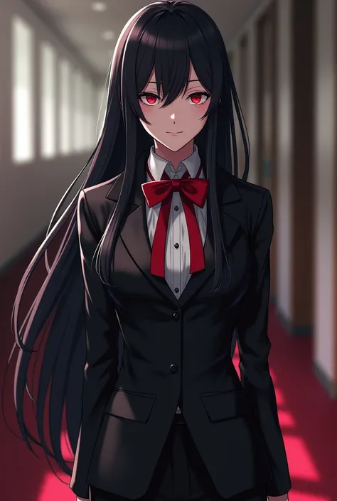 black long straight，Princess cut ， Dark Red Eyes ，President of the Student Union with high character， High School Waistcoat Uniform， Red Tie（bow tie）， Proportional coordination 