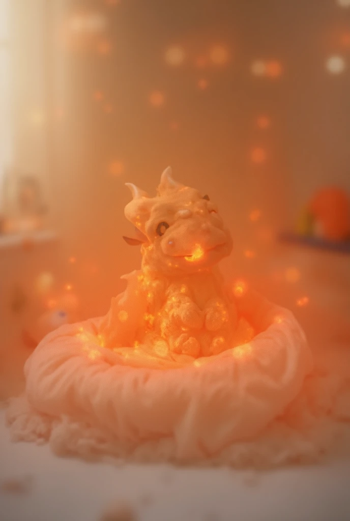 A photo-realistic scene of a cozy ’s bedroom, with soft pastel walls and fairy lights casting a gentle glow. In the corner, nestled in a small dragon-themed bed made of plush, quilted fabric, is a baby dragon. Its body is covered in soft, shimmering scales...