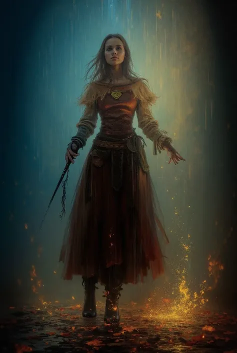 Help create an oil painting behind the corner of a female magician holding a magic wand, standing on a magic wand, wearing an adventurers outfit, casting spells that cause drops of water from the ground, and raindrops of fire falling from the sky.