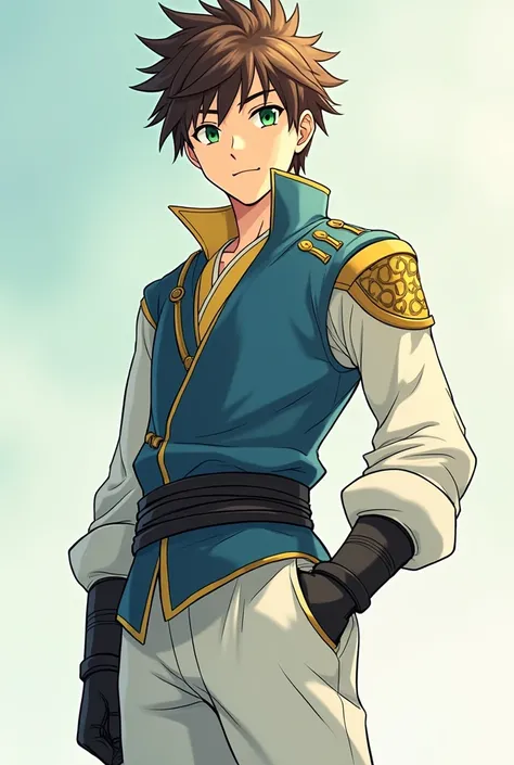 An mediaeval anime teenager male with bright green eyes and spiky brown hair, Shaumin Skyline has very athletic, slender yet muscular body. He is most popular in girls. He Wears a blue full sleeve vest over a white gii with yellow linings, paddings are wra...