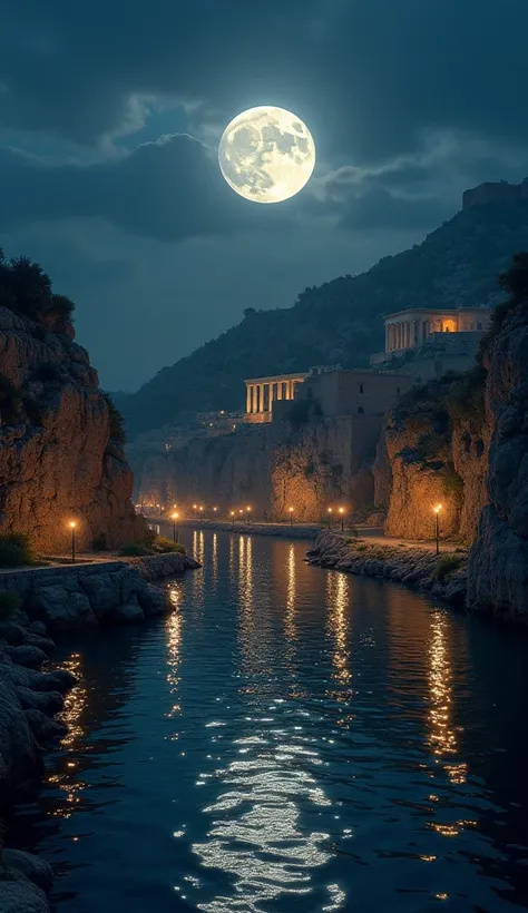 une photo prise depuis un bateau dune ville sur une rivière la nuit , ancient Mediterranean city ,  ancient Greek city {x} ancient Greek city illuminated by the moon and torches,  ancienne ville , the ville d&#39;Atlantis,  by Pogus Caesar , the lost ville...