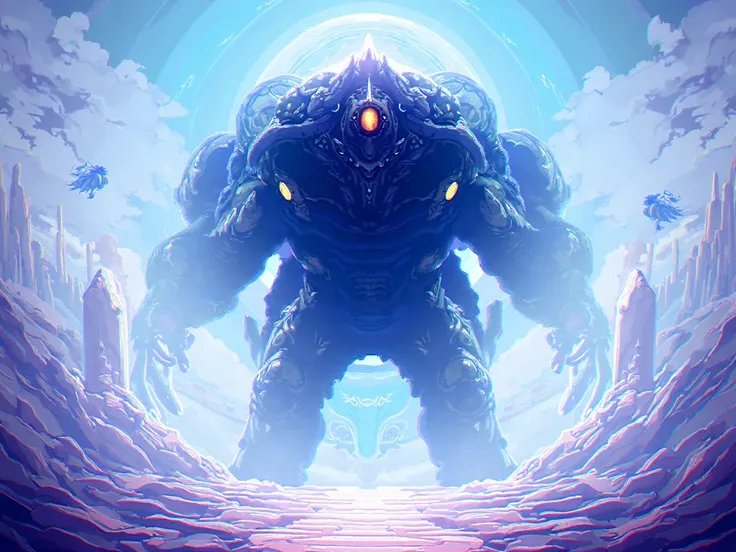 black，One-eyed， giant，Gods Point of View ， Future Technology ，game，pixel style