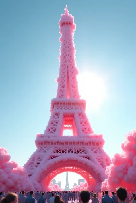 A Parisian Eiffel Tower made of pink and white cotton candy, a balloon art installation on top with a crowd in the foreground. The tower is illuminated by sunlight against a blue sky background. High-angle perspective, aerial view. Hyper-realistic photogra...