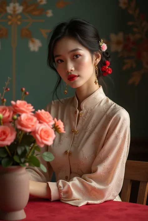 there is a woman sitting at a table with a vase of flowers, vietnamese woman, inspired by Ruth Jên, in style of lam manh, mai anh tran, masterpiece work of art, inspired by Li Di, portrait shot, photo of a hand jewellery model, photo portrait, ao dai, by M...