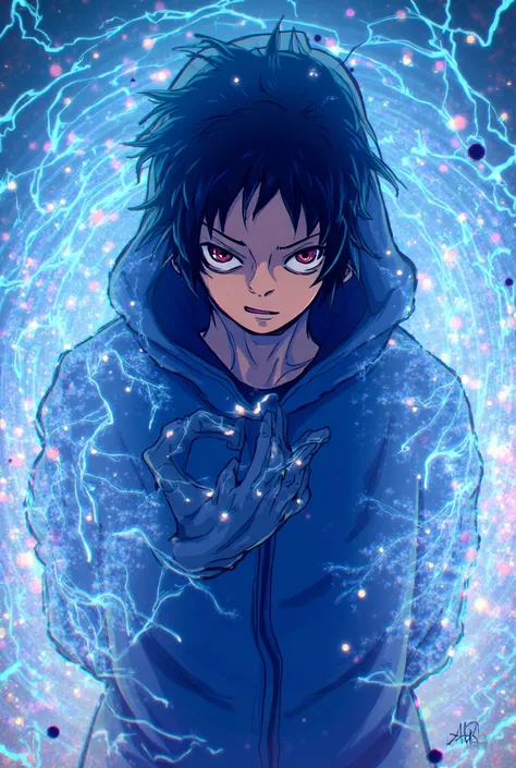 anime style , guy wearing a hoddie,, holding his hand like chidori