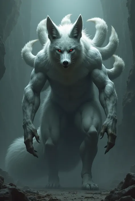 very tall, fox like ears, 9 fox tails, muscular, male, silver hair and fur, looking terrifying, looks like fear itself, most of the body isnt seen