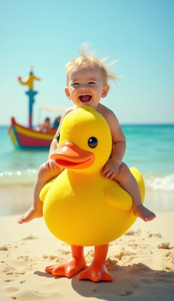 A fun beach scene ,  with a baby laughing happily on top of a giant yellow duckling. the duckling,  with shiny feathers ,  walks on the sand while the baby has fun . In the background,  there is a colorful boat floating in the soft waves ,  with a colored ...