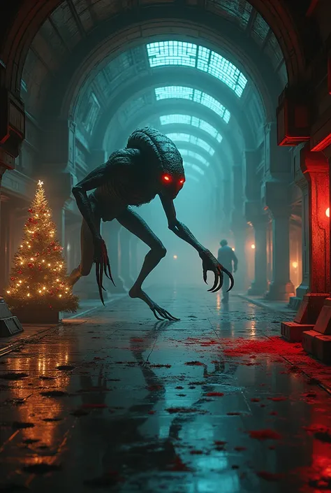 Jagged, bioluminescent claws scrape the metallic floor; a shadowy, four-limbed alien, its eyes twin embers, stalks a panicked engineer in the flickering emergency lights of a derelict starship. Crimson spills across the polished Christmas tree ahead 