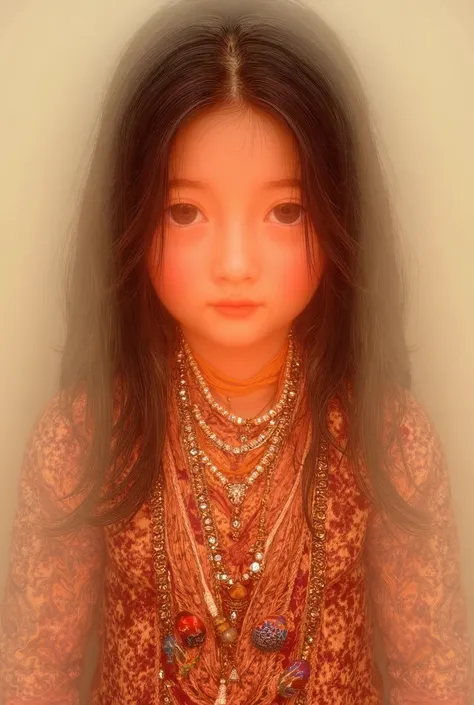  Please draw a beautiful Tajik girl with medium hair with an oriental face and brown eyes wearing Tajik national clothes .And another necklace that symbolizes Tajik culture .  And it has a very common twist that only means Tajiks  . And it should stand in ...