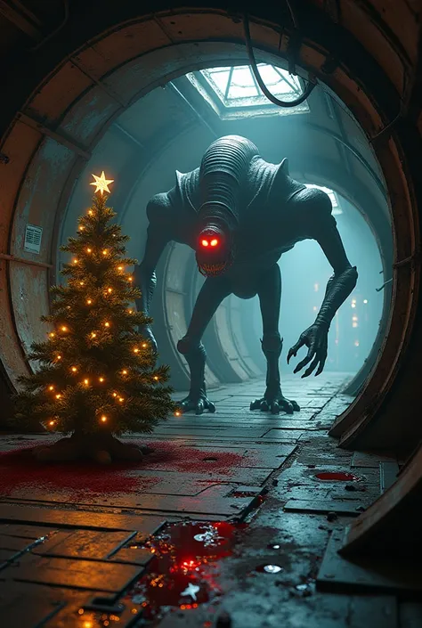 Jagged, bioluminescent claws scrape the metallic floor; a shadowy, four-limbed alien, its eyes twin embers, stalks a panicked engineer in the flickering emergency lights of a derelict starship. Crimson spills across the polished Christmas tree ahead 