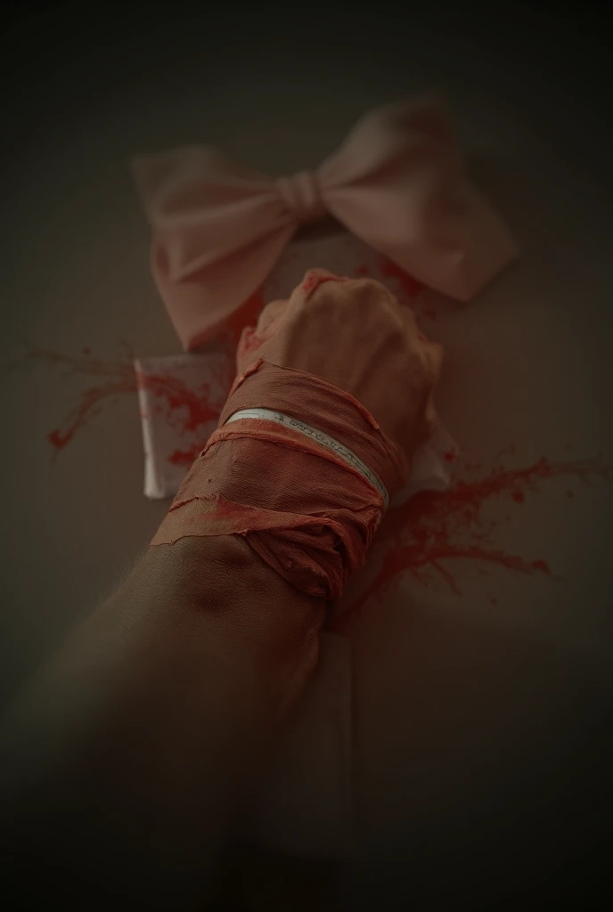 blood from wrist cut by a credit card forms a bow on giftbox