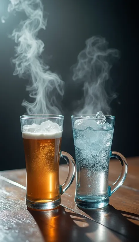 Two cups, one filled with steaming hot water and the other with ice cold water, placed side by side on a table. 