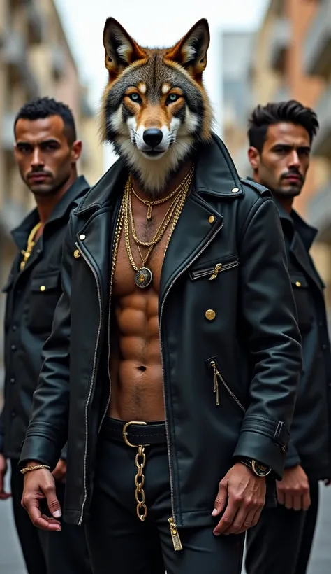 high quality realistic image of a maned wolf anthropomorphized with a gold cord and a bengal between two mafias man, all of them wearing mafias clothes like gang showing the entire body in a modern city in brazil