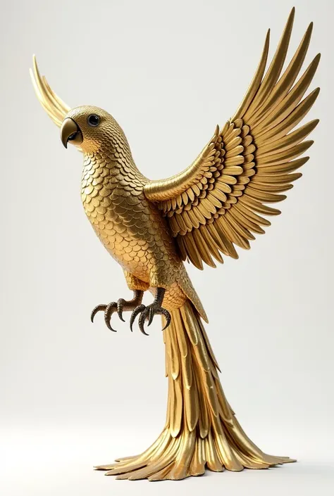 Golden parrot metal statue on white background