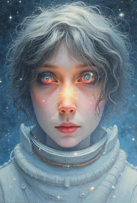 Primer plano de una obra maestra mejorada:1.5)0.9], (Space and astronauts:1.2) ( Messy silver hair:1.1) (heterochromia:  xanthochromia and blue eyes :1.2) (Space helmet:1.0) ( Colored stars in the eyes:1.0) (A radiant glow:1.1) ( Thick lips:0.9)