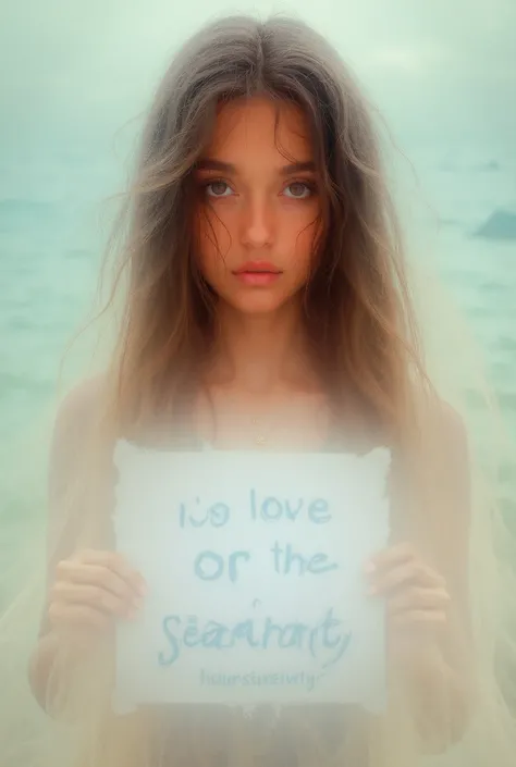 Beautiful girl with wavy long hair, bohemian dress, holding a white board with text "I Love Seaart Infinity" and showing it to the viewer